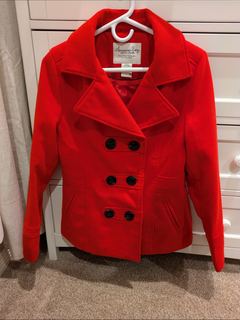 American Rag Red Double-Breasted Pea Coat with Notched Collar